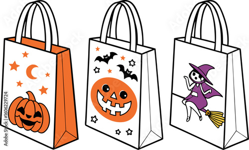 Three halloween themed tote bags with pumpkin, bats and stars, and a witch on a broomstick design