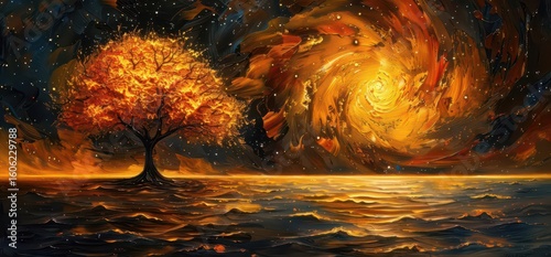 A vibrant landscape featuring a luminous tree against a swirling cosmic backdrop.