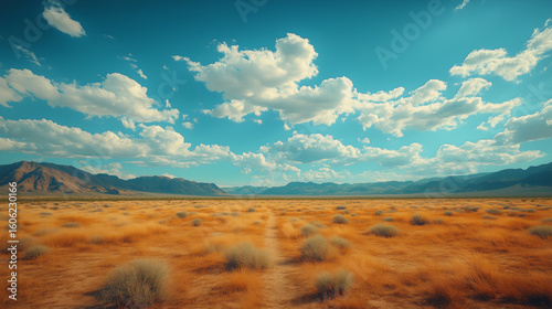 Desert landscape featuring rolling hills and dramatic clouds during midday under a bright blue sky