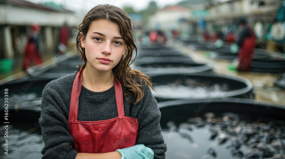 Fototapeta premium Confident Young Woman Working at a Fishery Market with Outdoor Tanks and Busy Background Activity
