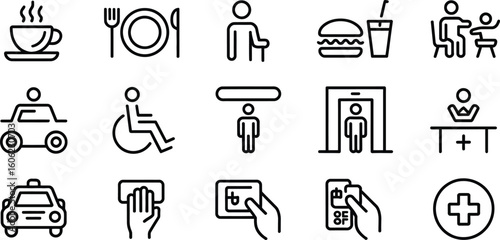 Line Icons Set with Transportation, Health, Food Service on Transparent Background