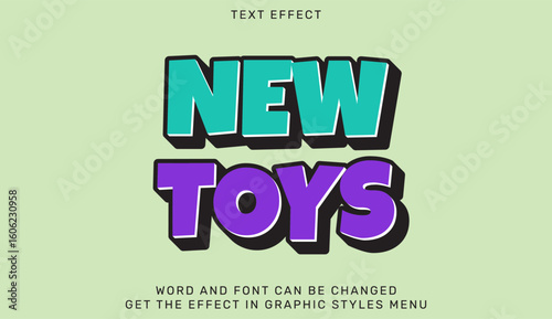 Colorful 3d text effect displaying new toys with modern design on green background