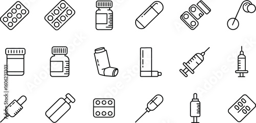 Outline Icons of Medicine Pills, Syringes, Inhaler, Nasal Spray on Transparent Background