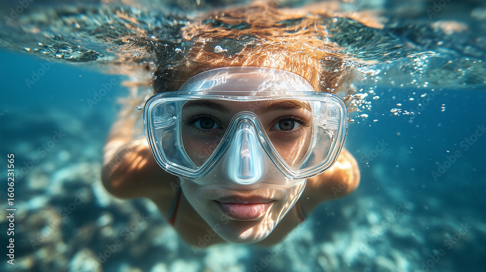 Naklejka premium Young woman snorkeling underwater in clear ocean water showcasing vibrant marine life