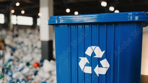 Blue recycling bin in a recycling facility with piles of plastic and paper waste