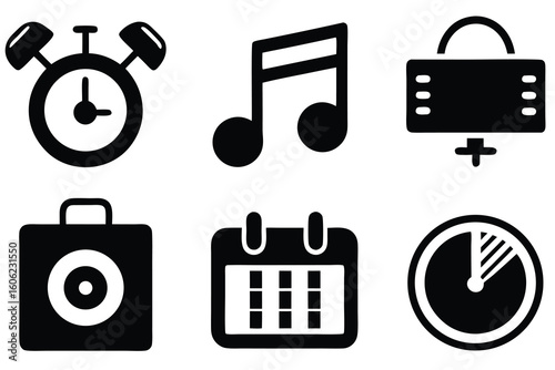 Vector art of a set of time and media icons isolated on white background