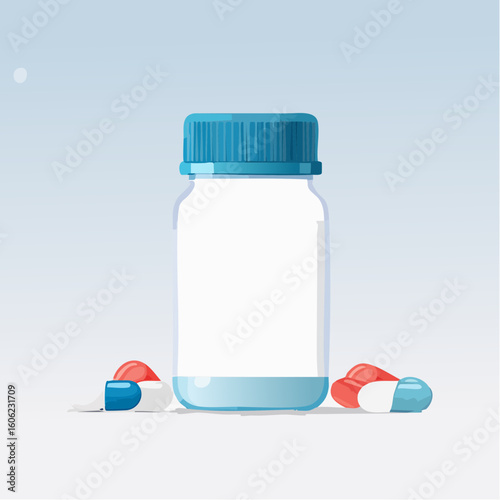 A clean and modern vector of a pill bottle with a transparent label. The bottle should be white with a black cap, and a few pills should be visible