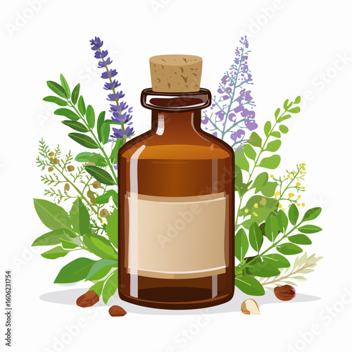 A vintage-style vector of a brown glass medicine bottle with an old-fashioned cork stopper. The bottle should have a handwritten label with faded ink. Surround the bottle with a few spilled herbs and 