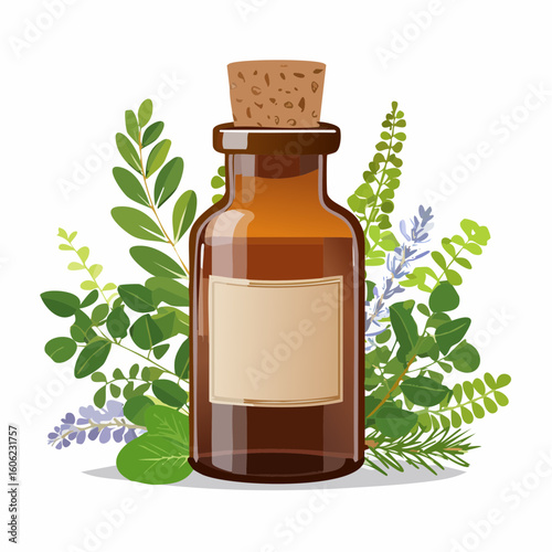 A vintage-style vector of a brown glass medicine bottle with an old-fashioned cork stopper. The bottle should have a handwritten label with faded ink. Surround the bottle with a few spilled herbs and 