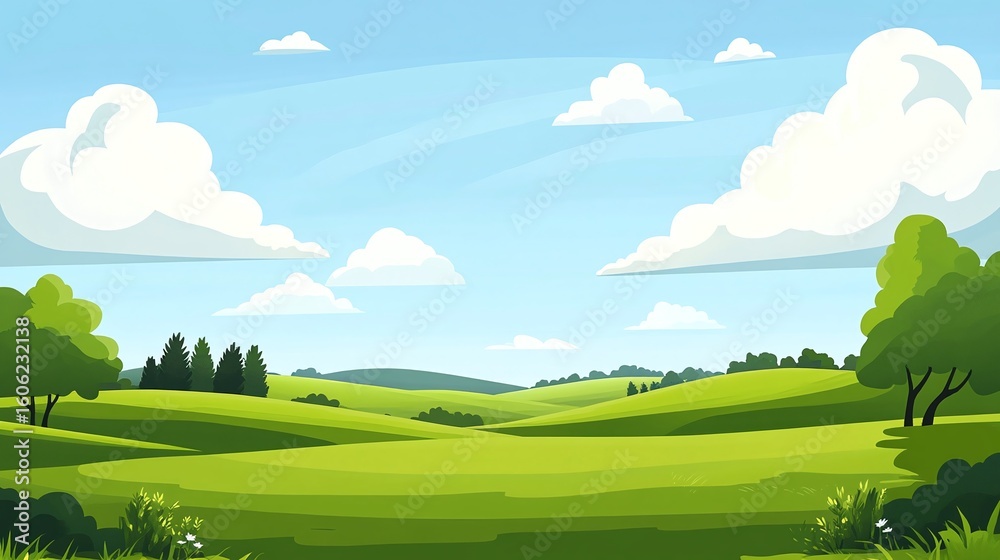Fototapeta premium Lush green countryside landscape under a bright blue sky.