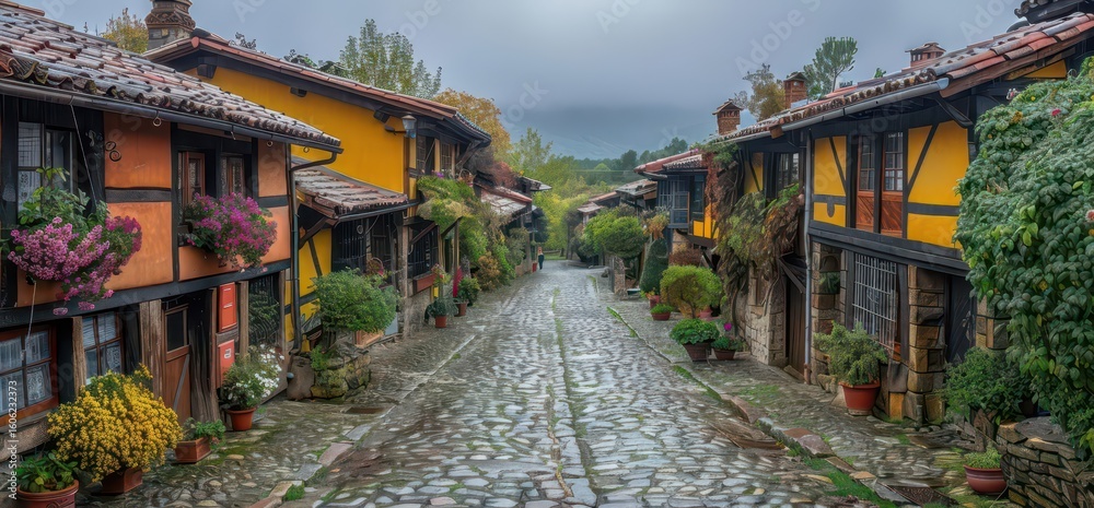 Obraz premium Charming cobblestone street lined with colorful houses and vibrant plants.