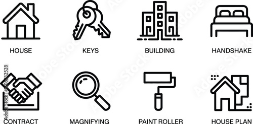 Set of House Keys Handshake Paint Roller Building Magnifying Minimal Icons