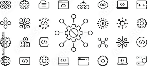 Set of linear design icons featuring coding, programming, development on white background