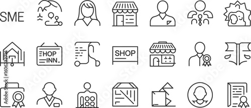SME Business Thin Line Icons Set Shop, Certificate, Staff, and Landscape Outlines