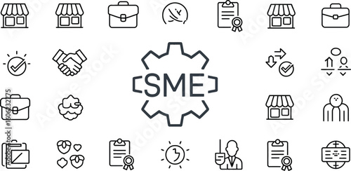Small Business SME Icons Set with Gears, Shop, Handshake Outline on White Background