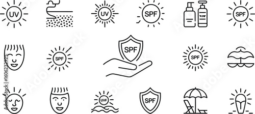 Sunscreen SPF Icons Set Sun Protection, Skin Defense, Beach Vacation Line Art