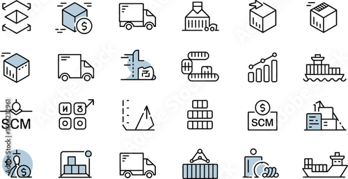 Supply Chain Icons Set Thin Line Delivery Trucks, Cargo Ships, Boxes and Growth Charts