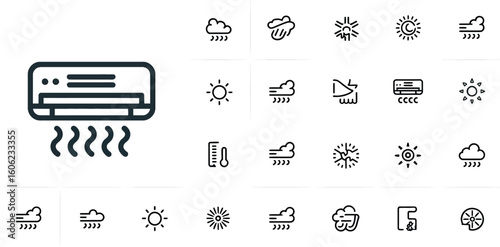 Weather and Climate Minimalistic Outline Icons with Air Conditioner on White Background