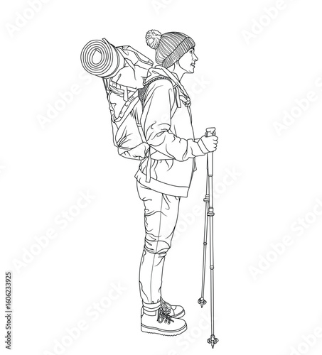 Female hiker with backpack and trekking poles line art illustration