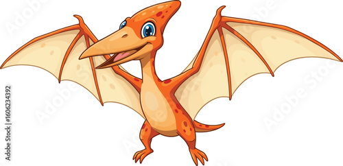Cute cartoon pterodactyl dinosaur with wings spread wide, smiling flying reptile illustration for kids, prehistoric animal vector design