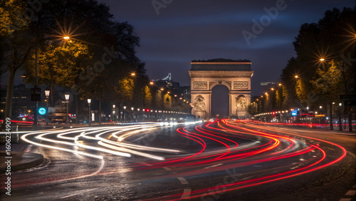 Arc de Triomphe at night with light trails of traffic on the Champs-Élysées in Paris, France
