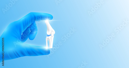 Doctor's hand in blue gloves holding knee joint bone. Shows human organ model close up on white background with blank space for your text. Medical health care analyzes. Vector realistic images.