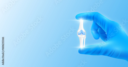 Doctor's hand in blue gloves holding knee joint bone. Shows human organ model close up on white background with blank space for your text. Medical health care analyzes. Vector realistic images.
