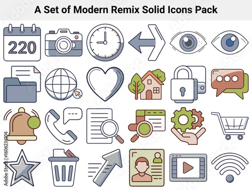 Collection of twenty four flat design icons for web and mobile applications calendar camera