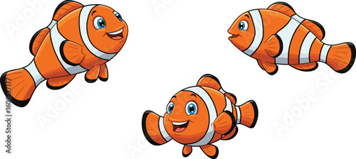 Three cute clownfish swimming happily in ocean illustration, cartoon marine life concept for kids, underwater animal clipart, sea life graphic