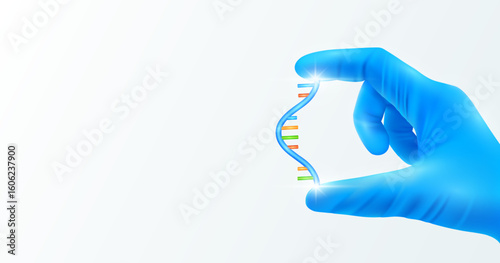 Doctor's hand in blue gloves holding RNA or Ribonucleic acid. Shows human organ model close up on white background with blank space for your text. Medical health care analyzes. Vector.