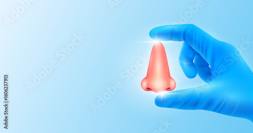 Doctor's hand in blue gloves holding nose. Shows human organ model close up on white background with blank space for your text. Medical health care analyzes. Vector realistic images.