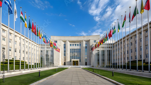 Palace of Nations in Geneva with flags of all countries under a blue sky with clouds