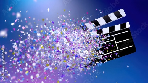Film Slate Dividing Structured Filmmaking and Creative Explosion with Abstract Shapes in Blue Purple Gradient