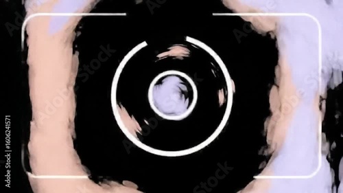 Round frame with black center, a white circle, and clouds surrounding it