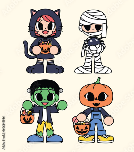 Cute Halloween-themed characters in cat, mummy, Frankenstein, and pumpkin costumes holding candy buckets