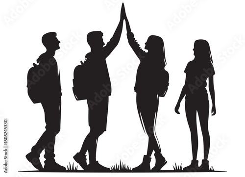 Successful Hiking Team Silhouette Celebrating with a High Five Gesture