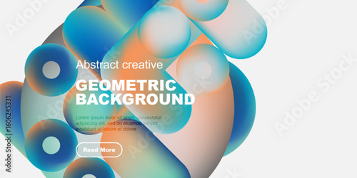 Abstract geometric shapes, vibrant colors, modern design. Text overlay includes geometric background, plus sample text, button.