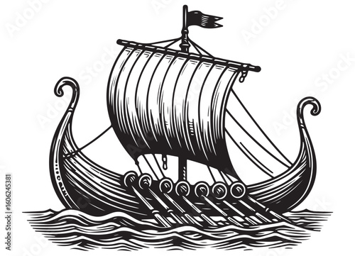 Viking Ship Vector Illustration on the Sea with Detailed Design