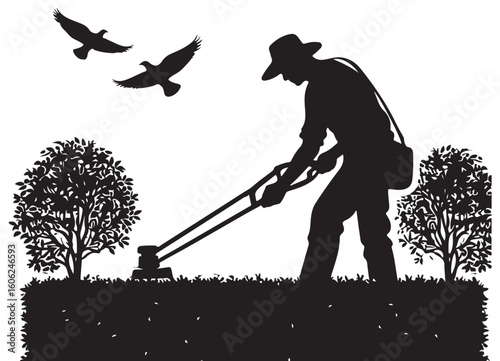 Silhouette of a Landscaper Mowing Grass with Birds Flying Above