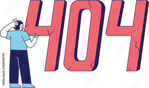 A worried character standing near broken 404 typography perfect for page not found or connection lost visuals.