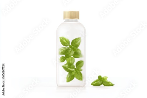 Hydroponic Nutrient Bottle Featuring Fresh Green Basil Leaves in Modern Setting