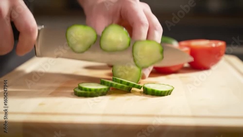 Slicing cucumber on board