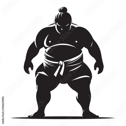Powerful Sumo Wrestler Stance Black and White Silhouette