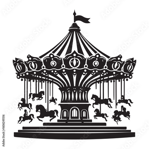 Detailed Carousel Illustration with Horses and Decorative Canopy Design
