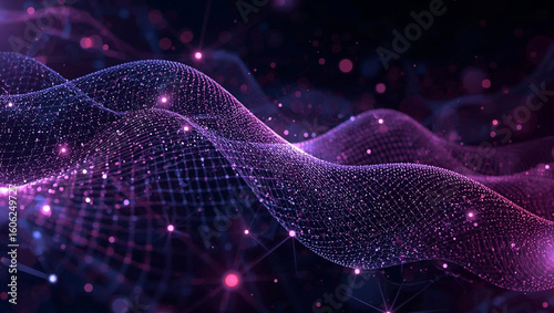 Vector abstract dynamic, wave particle and dot. Illustration technology background with dynamic mesh, flow particle design for banner, wallpaper. High tech, digital datum network and science concept