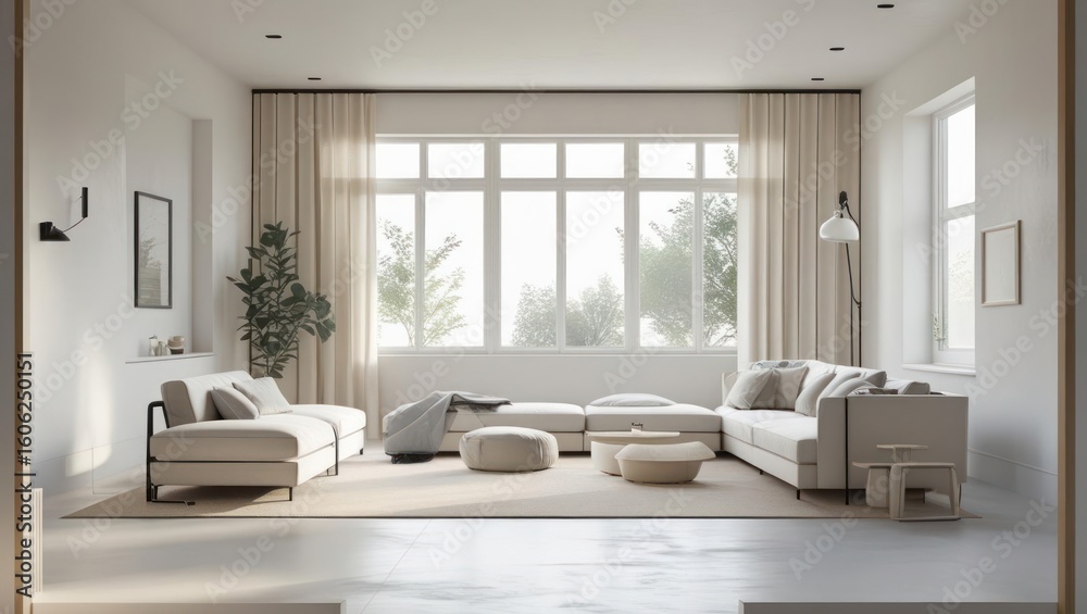 Fototapeta premium Spacious, light-filled living room with minimalist furniture.