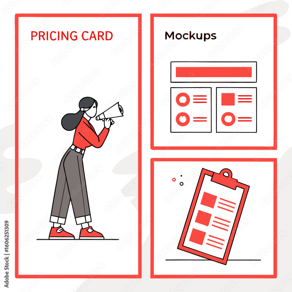 Obraz premium Illustration of a woman with a megaphone, mockups, and a clipboard in red outlines on a white background