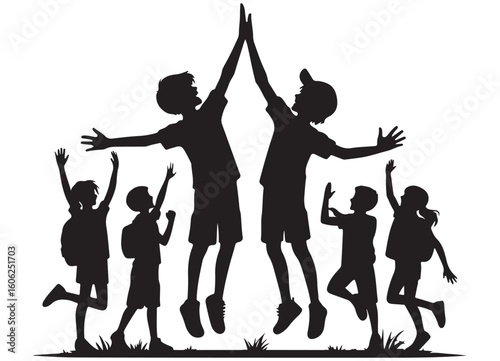 Celebrating Togetherness Silhouette of Kids Jumping High Five