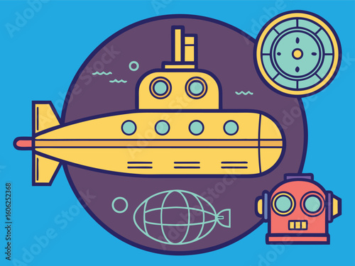 Fun Underwater Adventure Featuring a Yellow Submarine, Retro Robot, and Nautical Elements