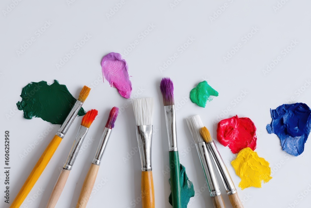 Fototapeta premium Paintbrushes with Colorful Acrylic Paints Surround Blank Canvas Representing Creative Social Activism